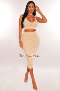 Nude Crochet Knit Halter Skirt Two Piece Set sold by Hot Miami Styles