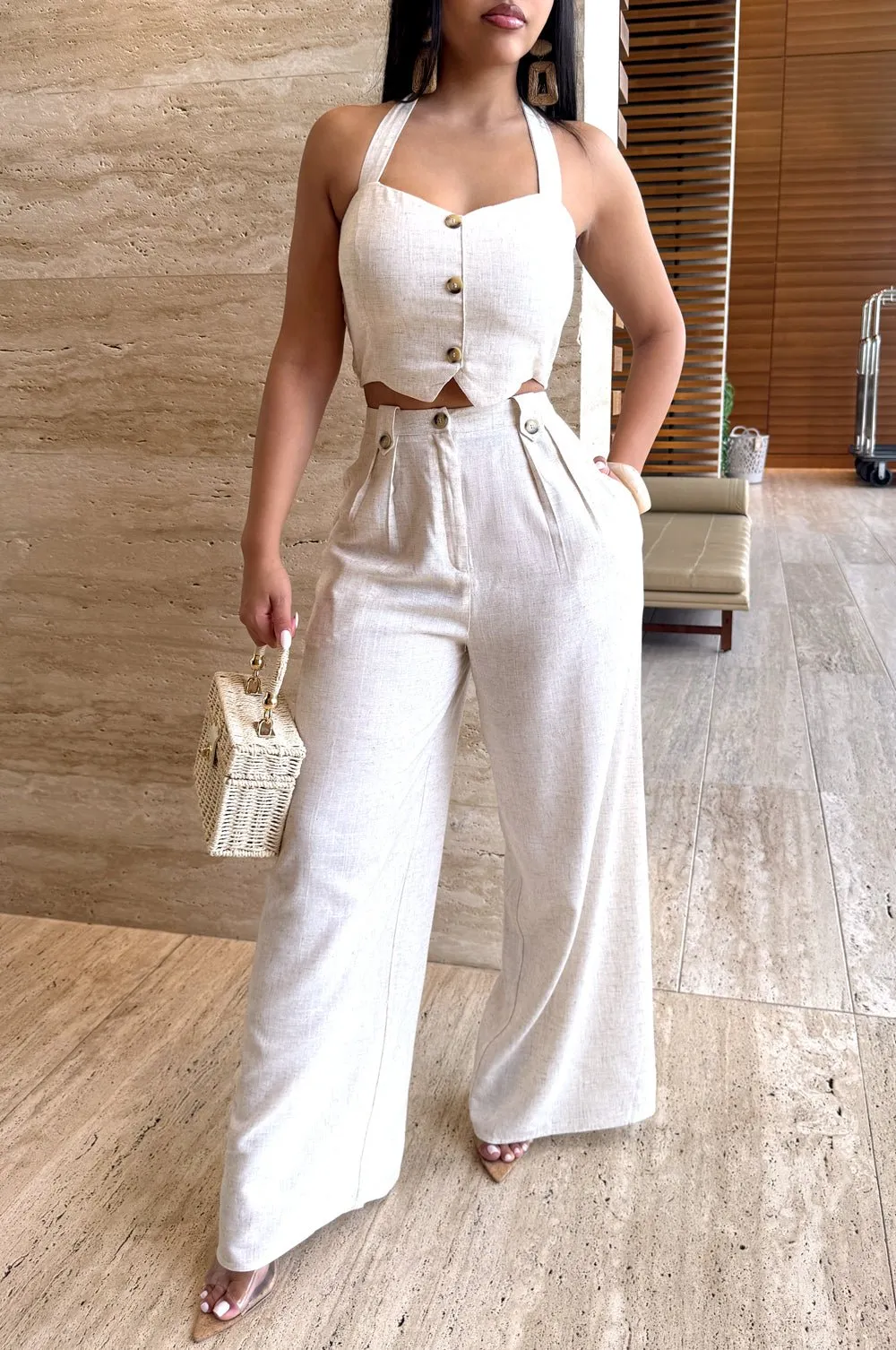 Oatmeal Linen Cropped Vest High Waist Wide Leg Two Piece Pants Set sold by Hot Miami Styles