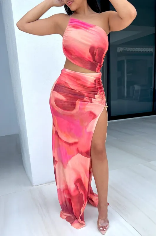 Pink Multi Color Ruched Cut Out Slit Maxi Dress sold by Hot Miami Styles