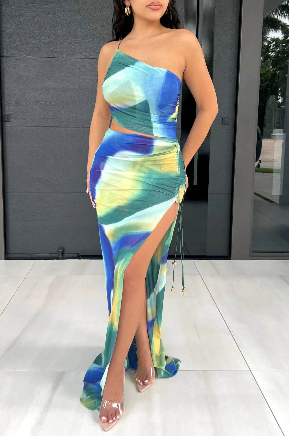 Blue Green Multi Color Ruched Cut Out Slit Maxi Dress sold by Hot Miami Styles