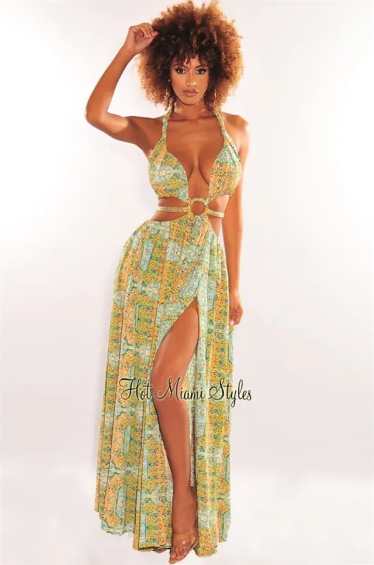 Green Print O-Ring Cut Out Gold Belted Double Slit Maxi Dress sold by Hot Miami Styles