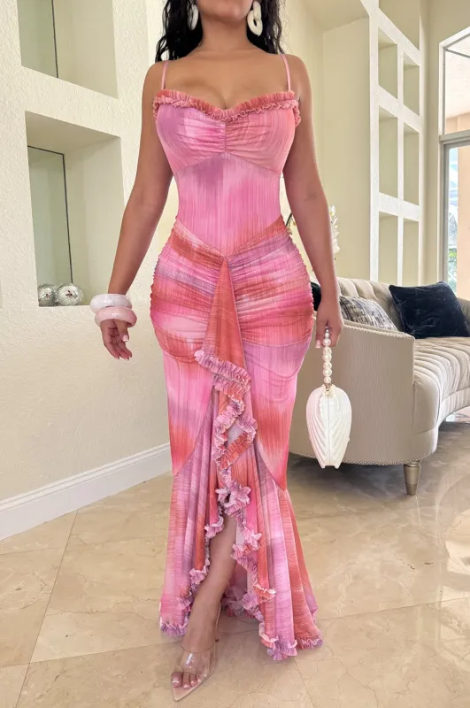 Pink Ombré Spaghetti Strap Ruched Ruffle Slit Maxi Dress sold by Hot Miami Styles