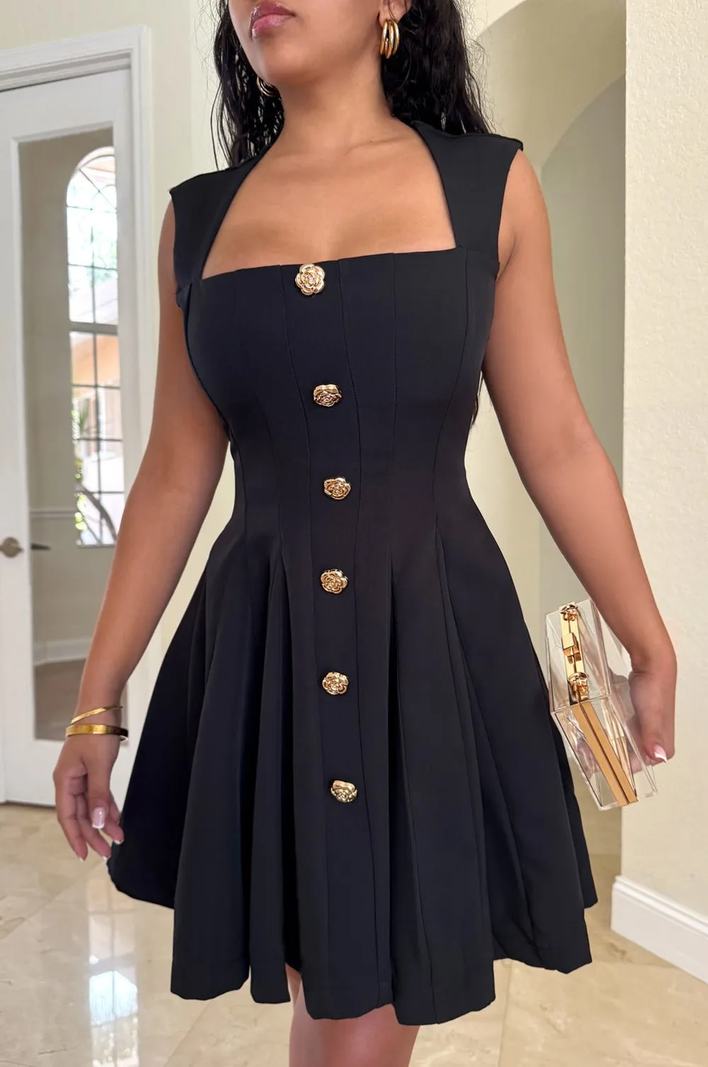Black Square Neck Pleated Flare Mini Dress sold by Hot Miami Styles