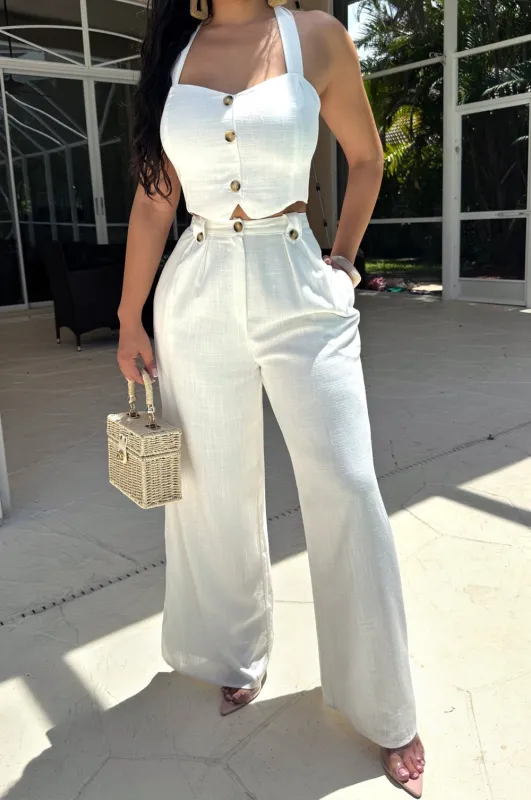 White Linen Cropped Vest High Waist Wide Leg Two Piece Pants Set sold by Hot Miami Styles