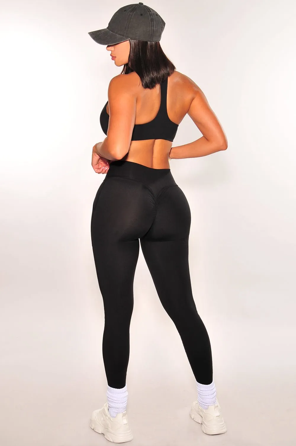 HMS Fit: Black Padded Racerback Cropped Scrunch Butt Leggings Two Piece Set sold by Hot Miami Styles product image thumbnail 2