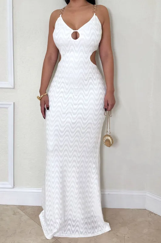 White V Neck Chain Strap Keyhole Cut Out Textured Maxi Dress sold by Hot Miami Styles