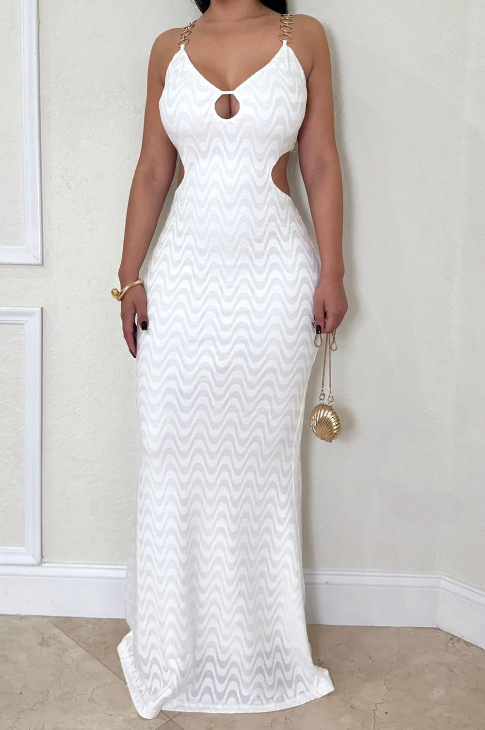 White V Neck Chain Strap Keyhole Cut Out Textured Maxi Dress sold by Hot Miami Styles