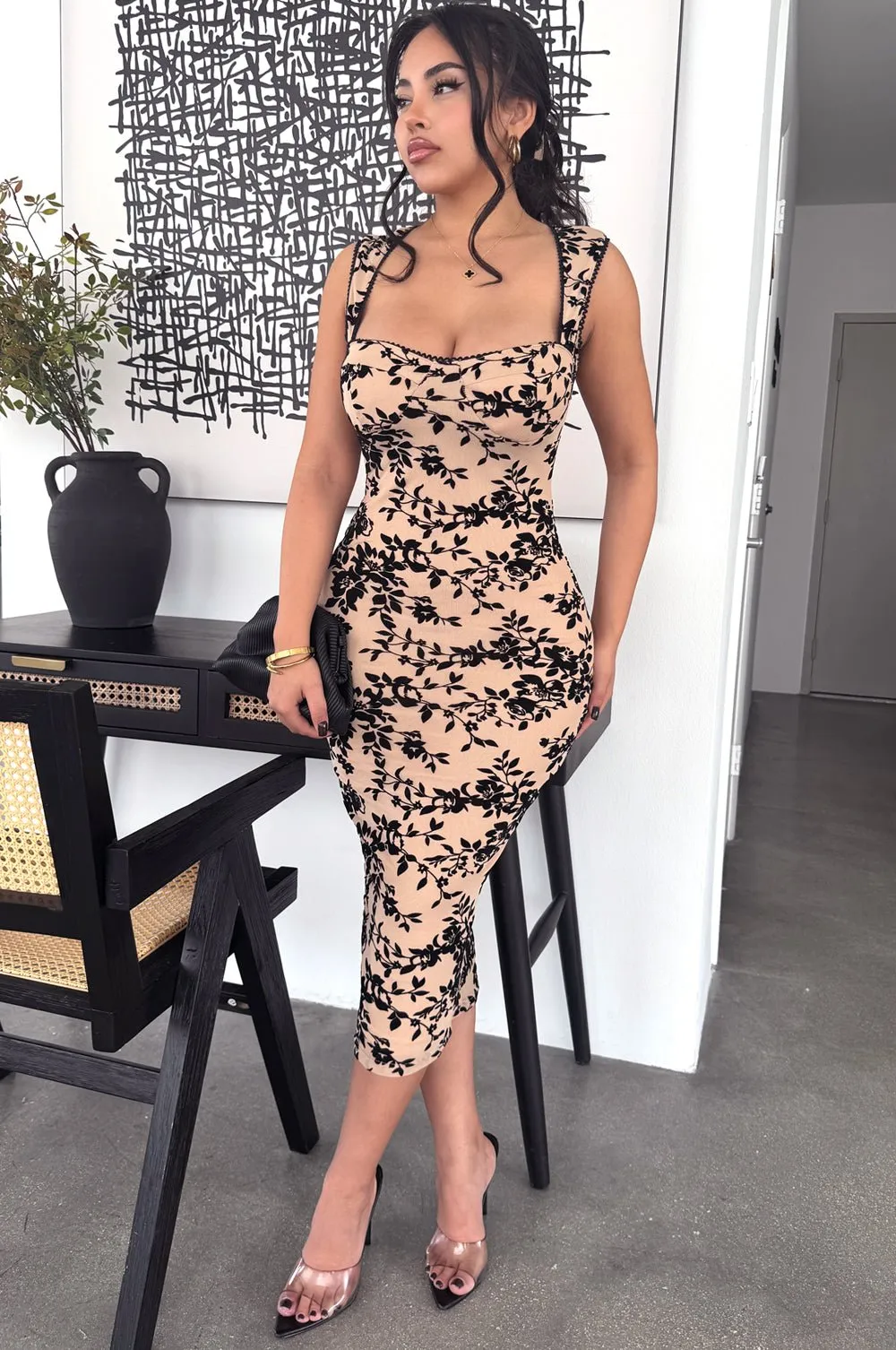 Taupe Sweetheart Padded Floral Lace Dress sold by Hot Miami Styles product image thumbnail 2