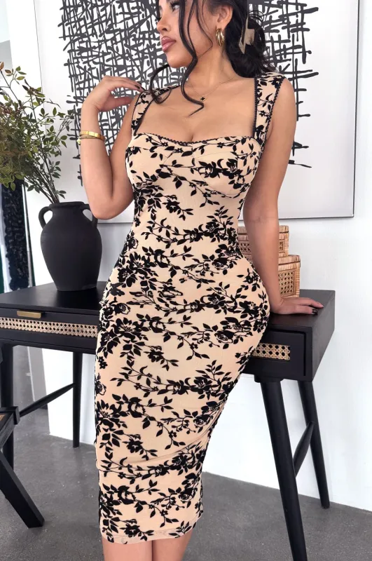 Taupe Sweetheart Padded Floral Lace Dress sold by Hot Miami Styles