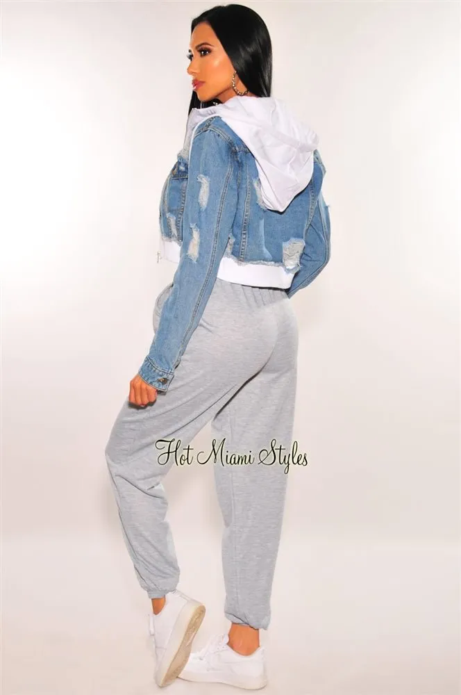 Denim Distressed Layered White Zipper Hooded Cropped Jacket sold by Hot Miami Styles product image thumbnail 5