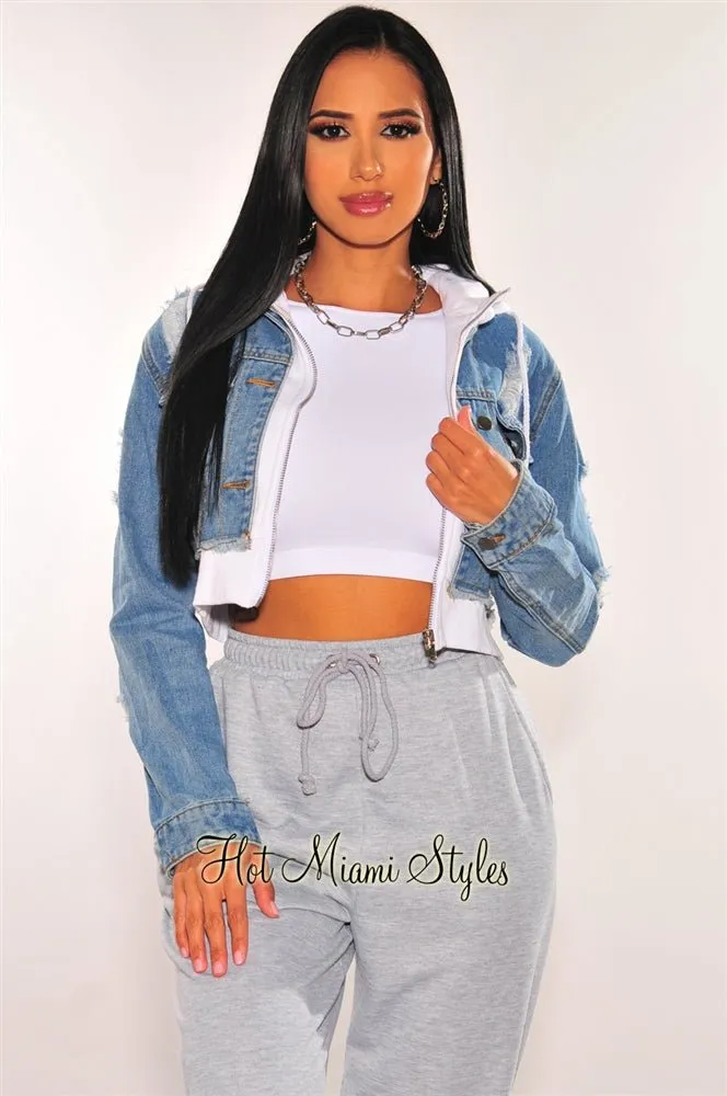 Denim Distressed Layered White Zipper Hooded Cropped Jacket sold by Hot Miami Styles product image thumbnail 2
