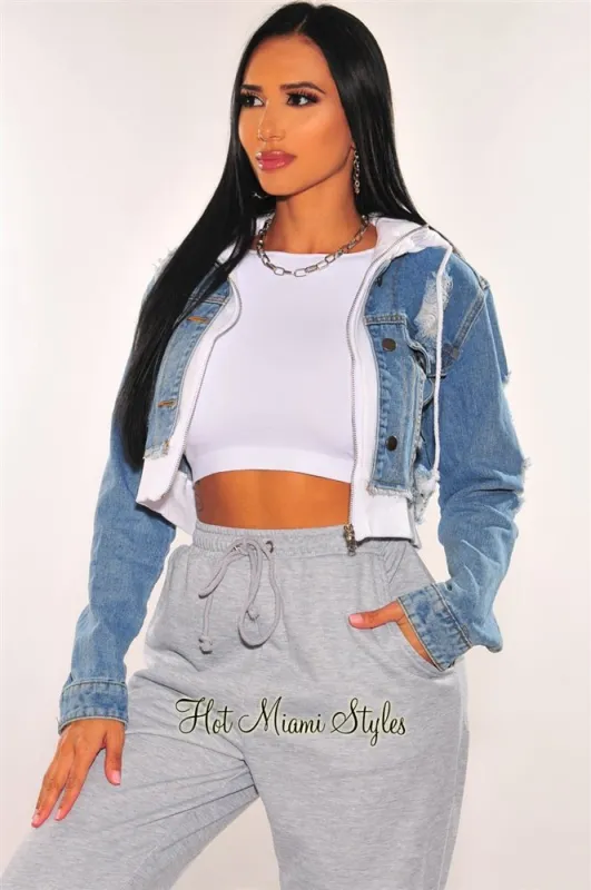 Denim Distressed Layered White Zipper Hooded Cropped Jacket sold by Hot Miami Styles