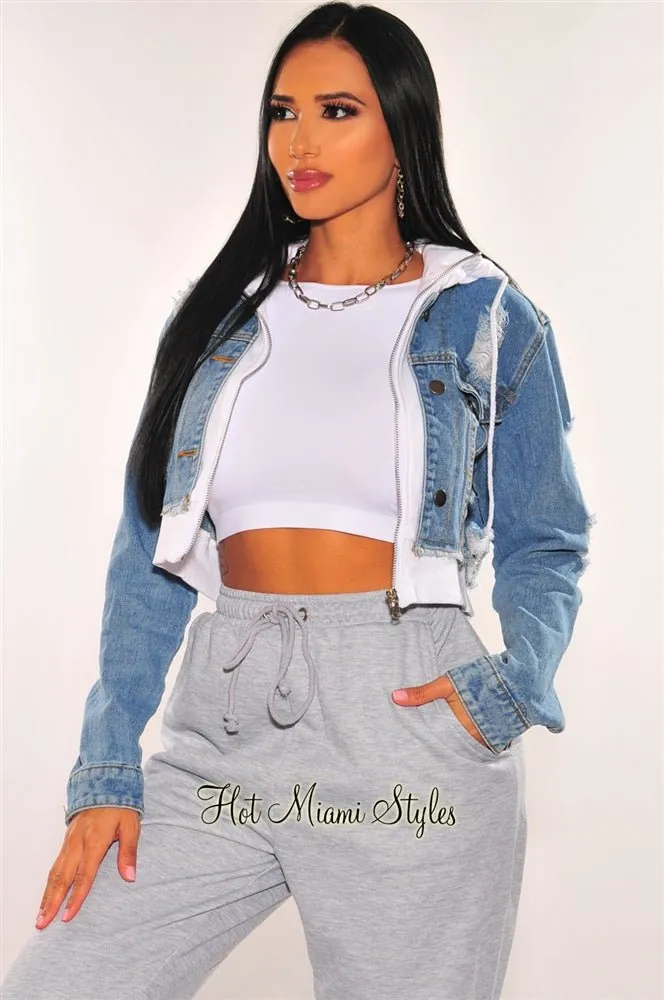 Denim Distressed Layered White Zipper Hooded Cropped Jacket sold by Hot Miami Styles