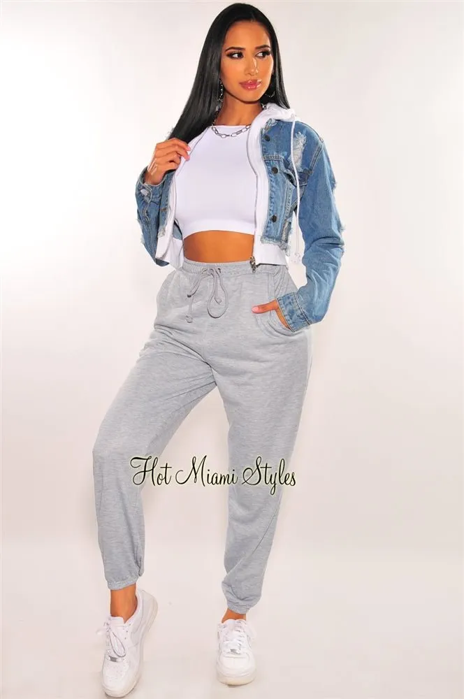 Denim Distressed Layered White Zipper Hooded Cropped Jacket sold by Hot Miami Styles product image thumbnail 4