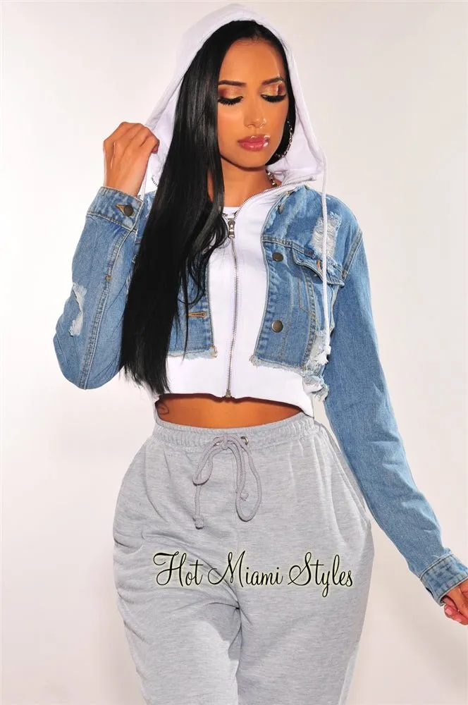Denim Distressed Layered White Zipper Hooded Cropped Jacket sold by Hot Miami Styles product image thumbnail 3