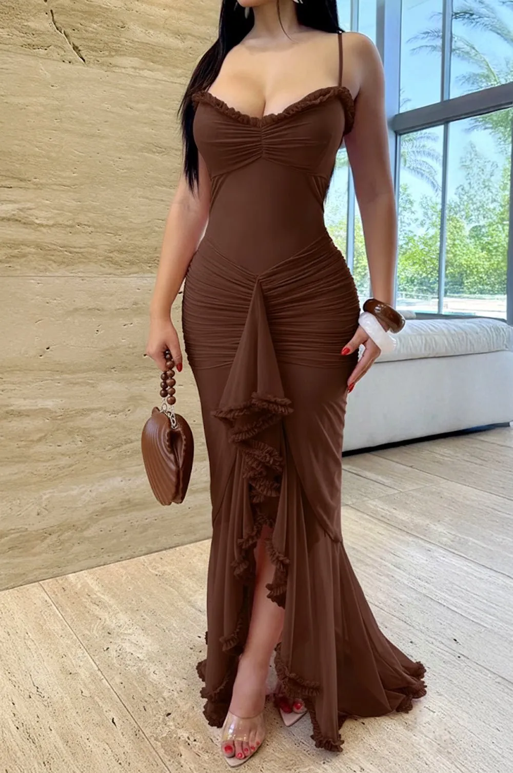 Chocolate Sweetheart Neckline Draped Ruffle Maxi Dress sold by Hot Miami Styles