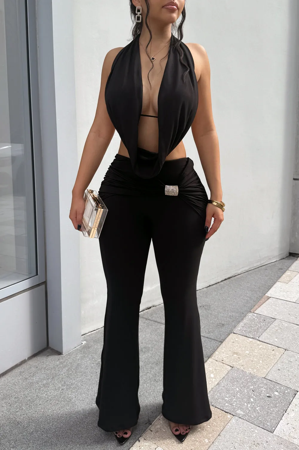 Black Drape Flare Pants Three Piece Set sold by Hot Miami Styles