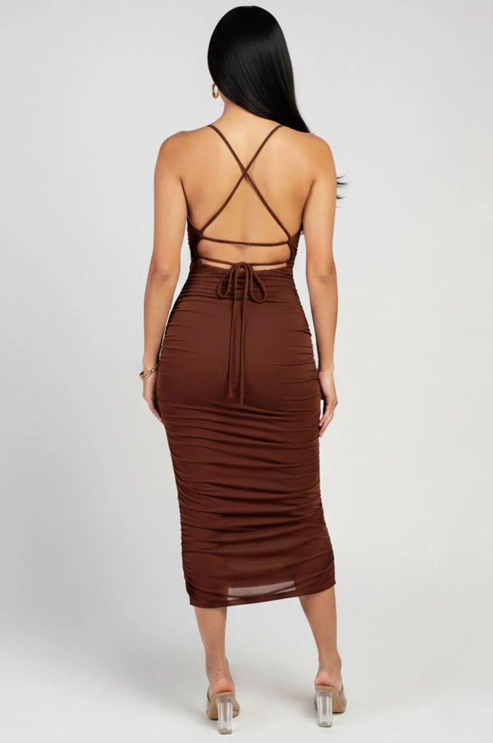 Chocolate Mesh Lace Up Back Ruched Slit Midi Dress sold by Hot Miami Styles product image thumbnail 2