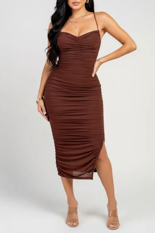 Chocolate Mesh Lace Up Back Ruched Slit Midi Dress sold by Hot Miami Styles