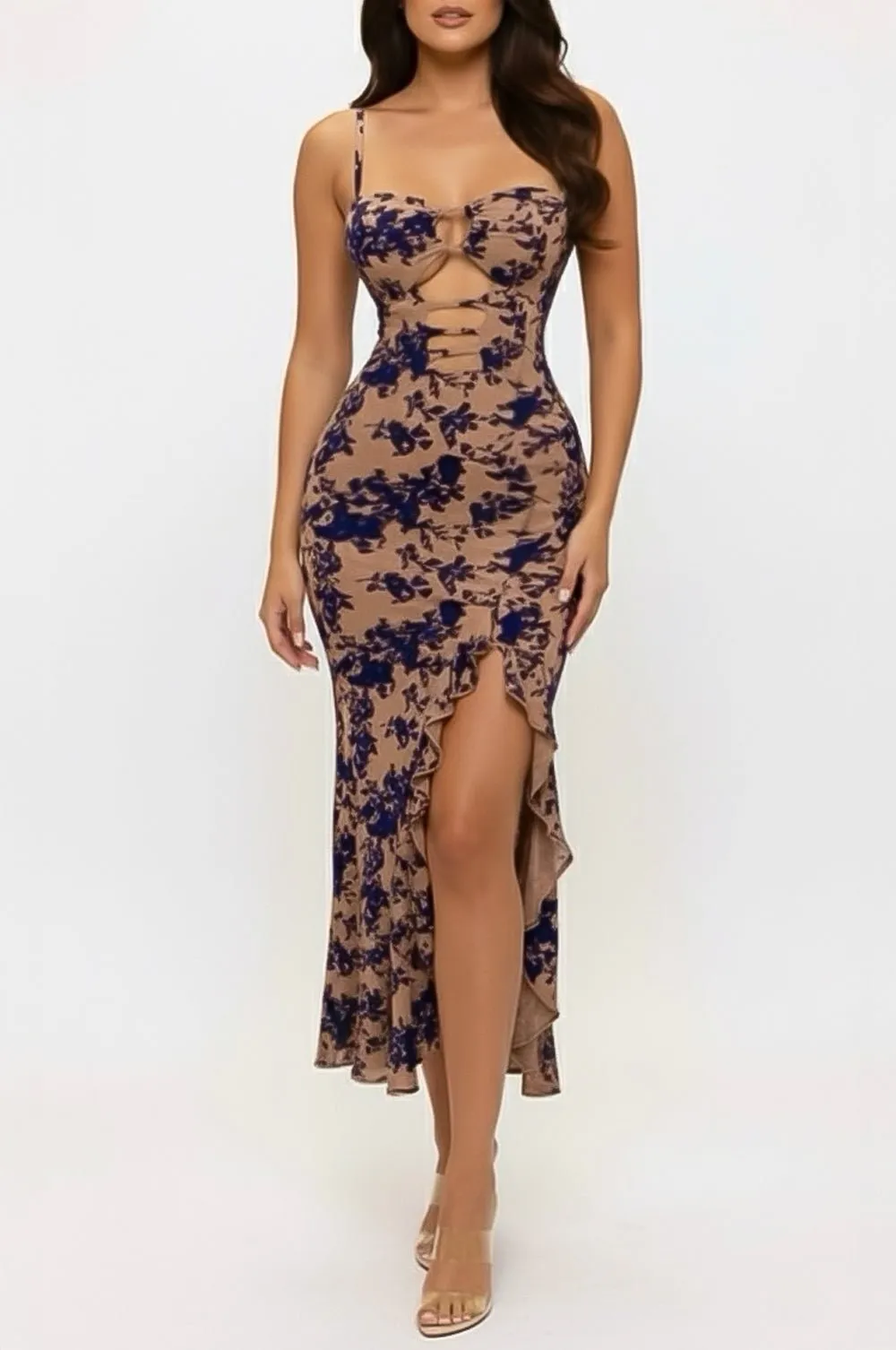 Taupe Floral Print Mesh Cut Out Ruffle Slit Dress sold by Hot Miami Styles
