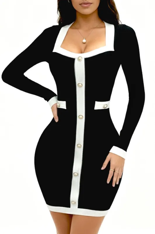 Black Ribbed Knit Two Toned Long Sleeve Square Neck Gold Button Down Dress sold by Hot Miami Styles