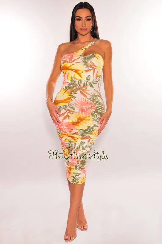 Off White Multi Color Floral Print One Shoulder Ruched Dress sold by Hot Miami Styles