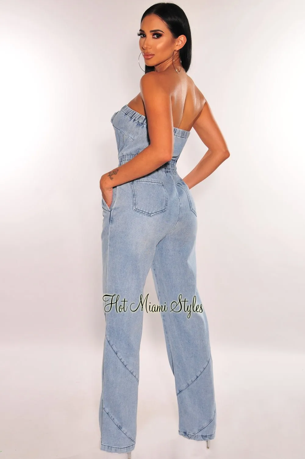 Denim Strapless Drawstring Wide Leg Jumpsuit sold by Hot Miami Styles product image thumbnail 2
