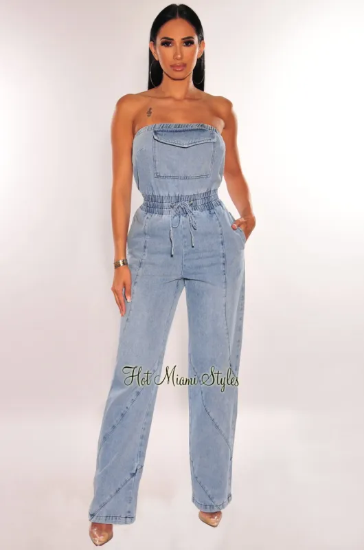 Denim Strapless Drawstring Wide Leg Jumpsuit sold by Hot Miami Styles