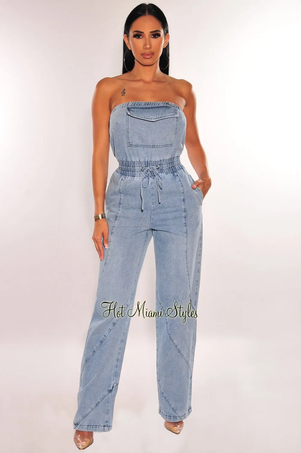 Denim Strapless Drawstring Wide Leg Jumpsuit sold by Hot Miami Styles
