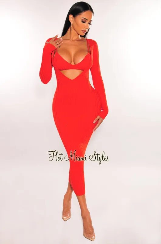 Burnt Orange Ribbed Knit Plunge Neck Long Sleeve Midi Dress + Bralette sold by Hot Miami Styles