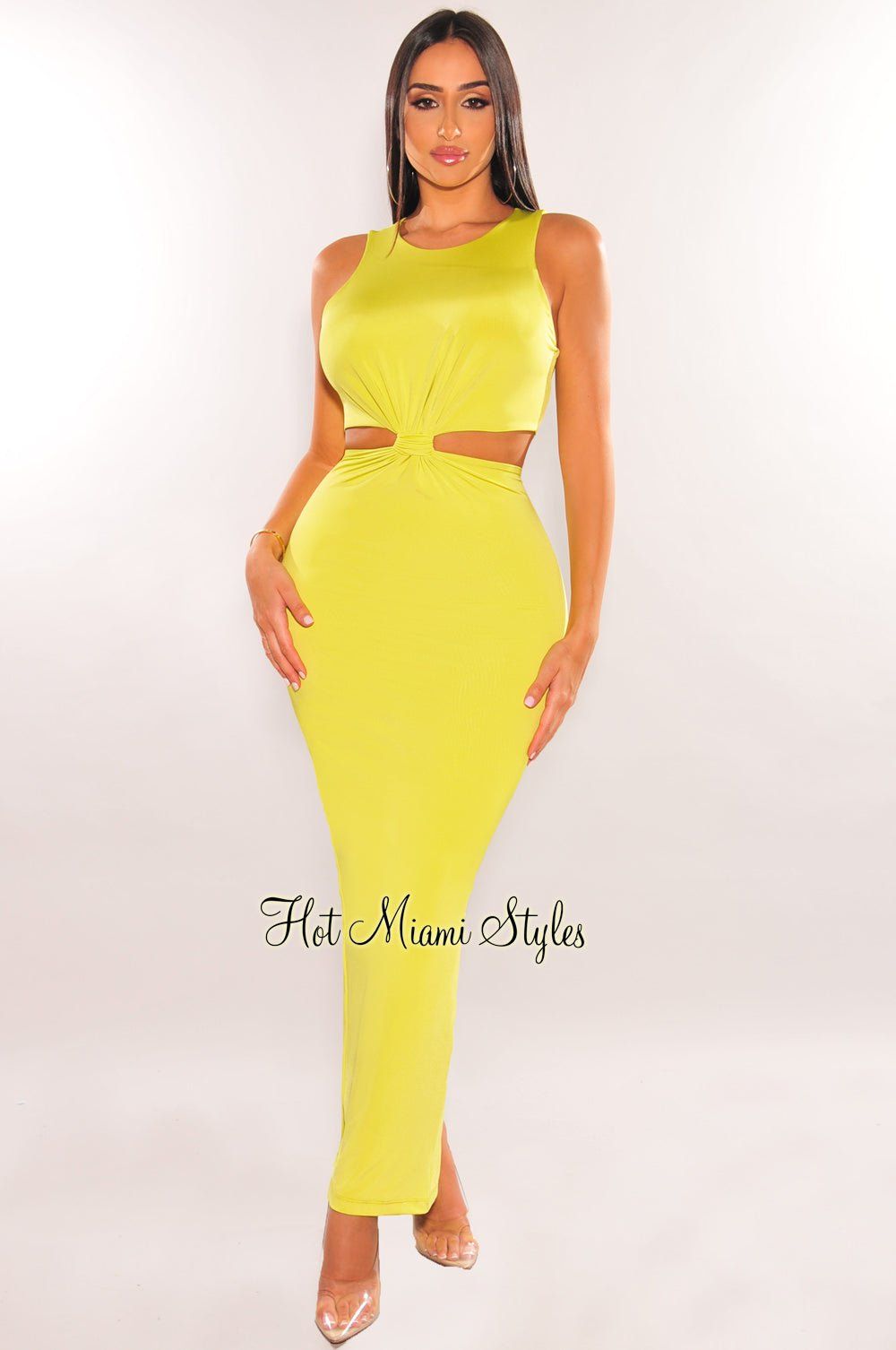 Neon Lime Sleeveless Knotted Cut Out Maxi Dress sold by Hot Miami Styles