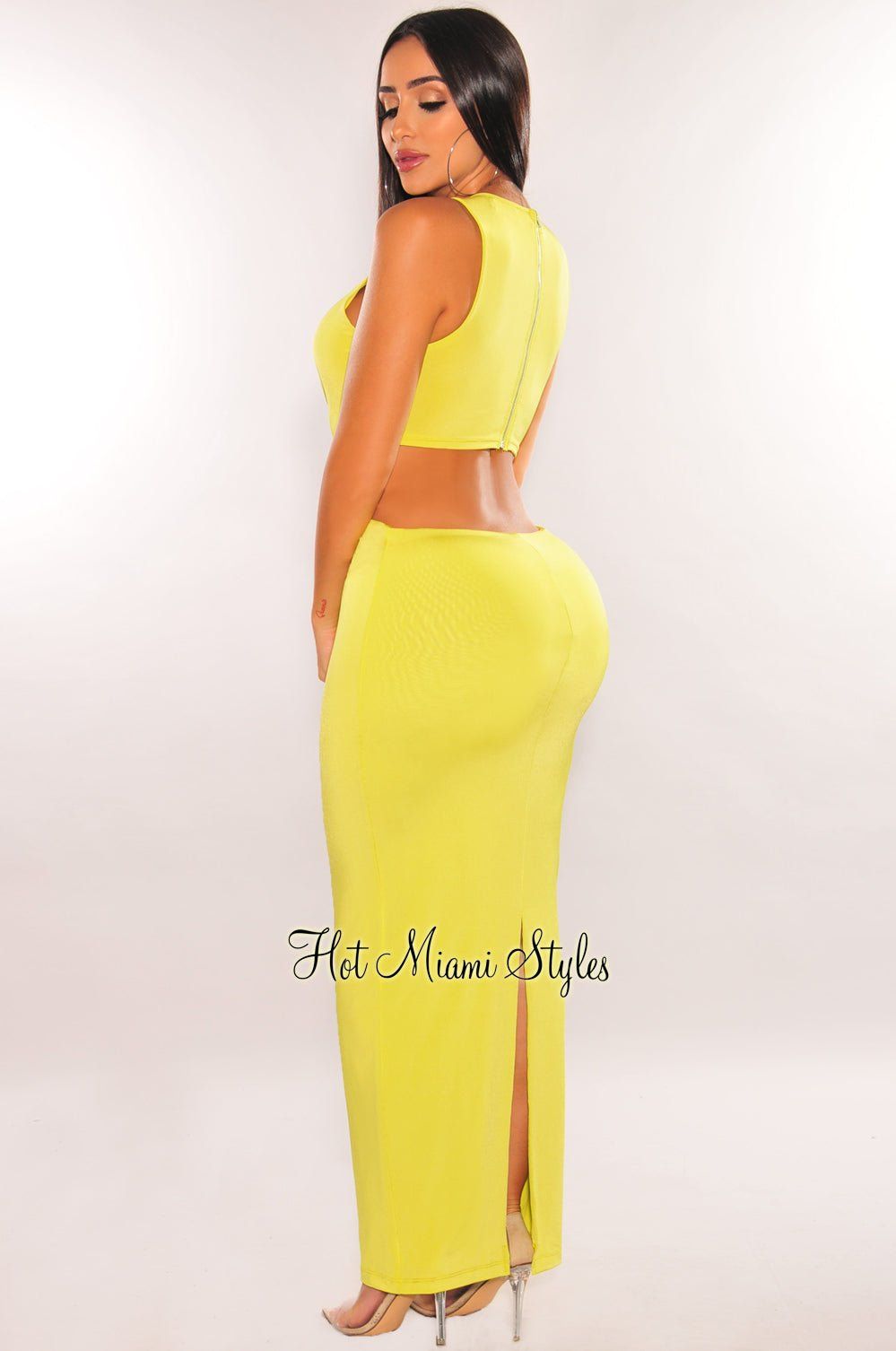 Neon Lime Sleeveless Knotted Cut Out Maxi Dress sold by Hot Miami Styles product image thumbnail 2