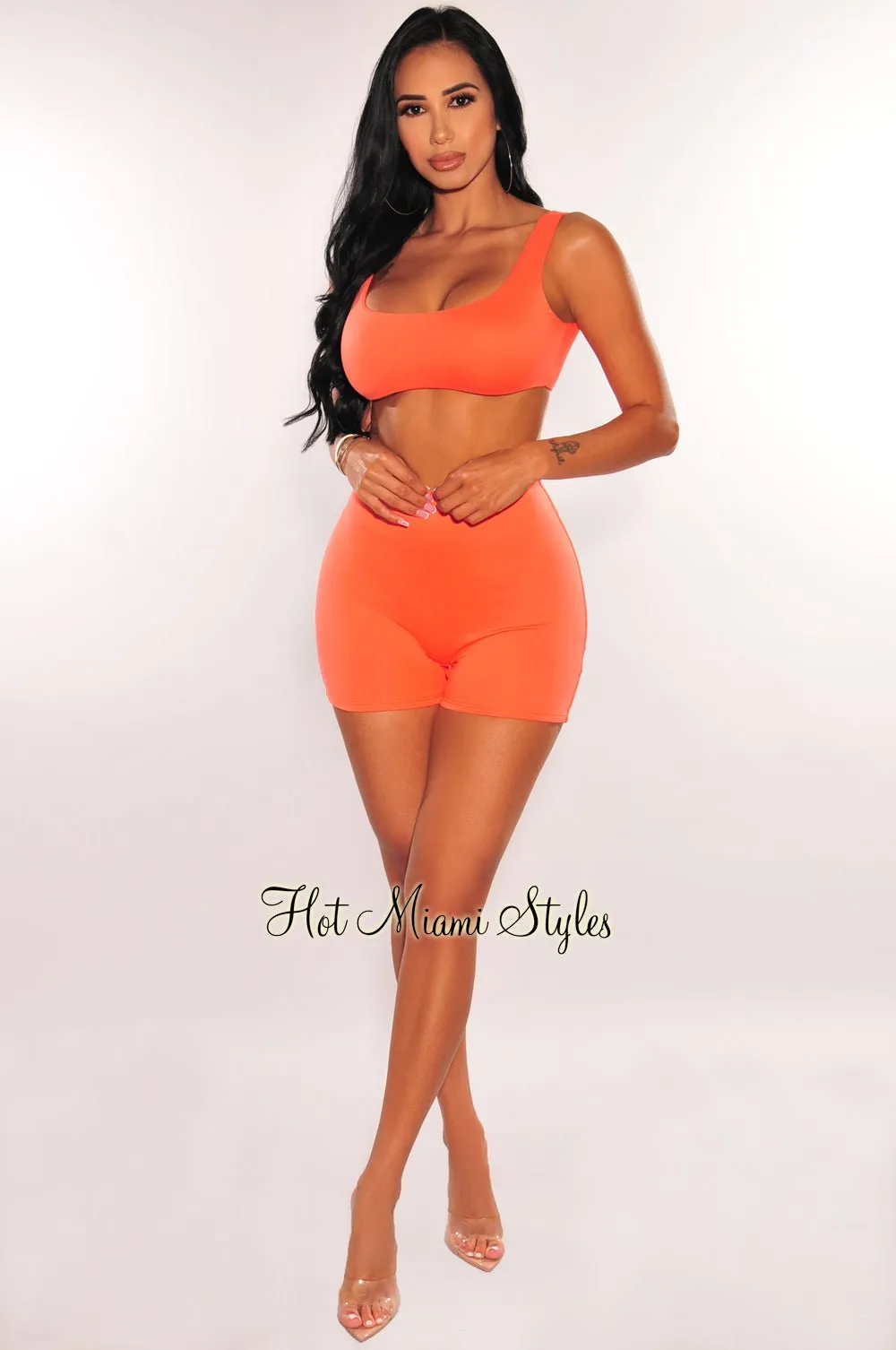 HMS Essential: Tangerine Crop Top Biker Shorts Two Piece Set sold by Hot Miami Styles product image thumbnail 3