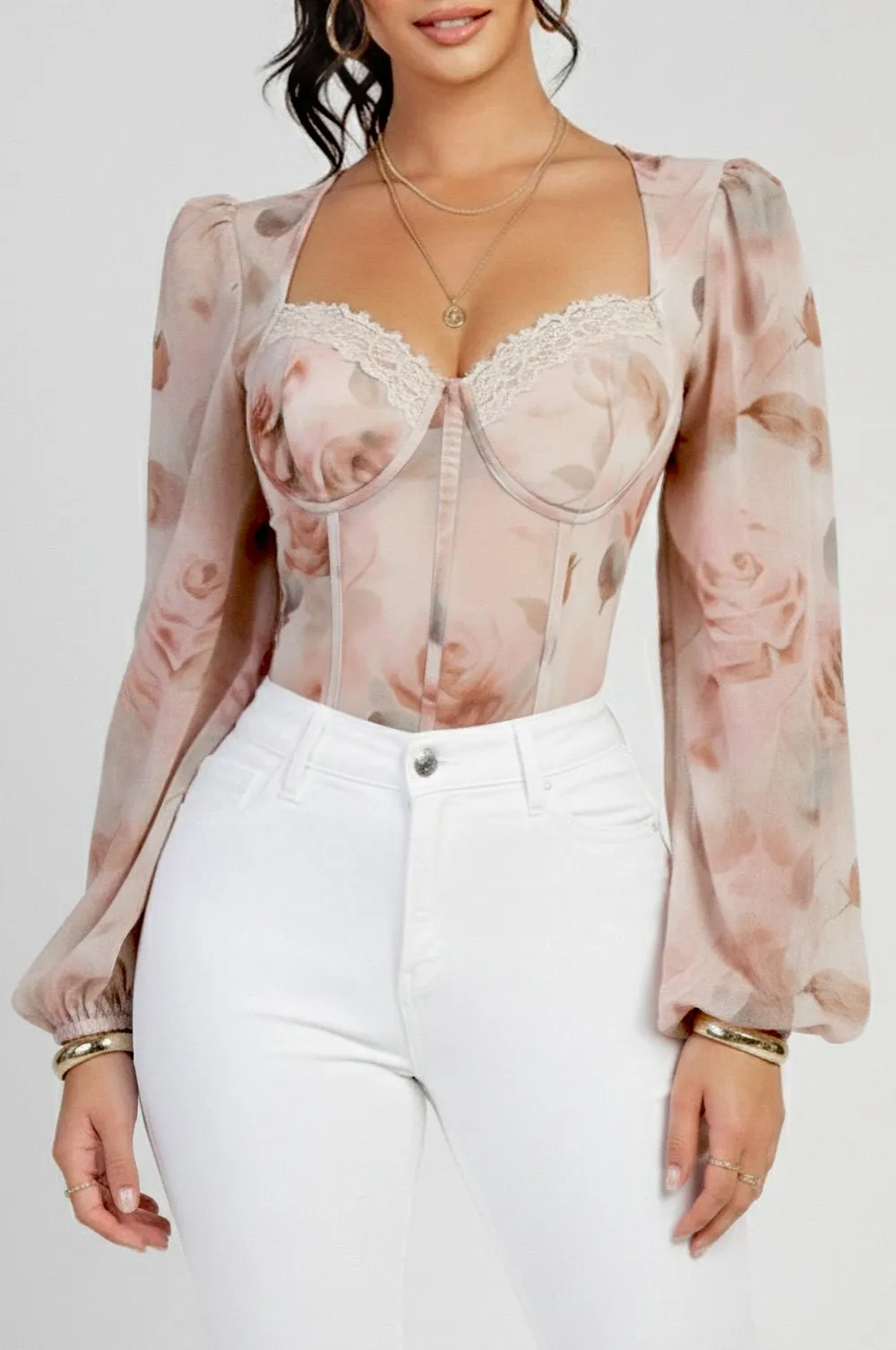 Pink Floral Print Boned Bustier Bodysuit sold by Hot Miami Styles