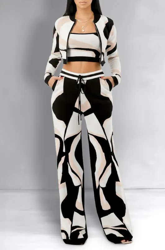 Black Multicolor Knit Abstract Long Sleeve Cropped Pants Three Piece Set sold by Hot Miami Styles
