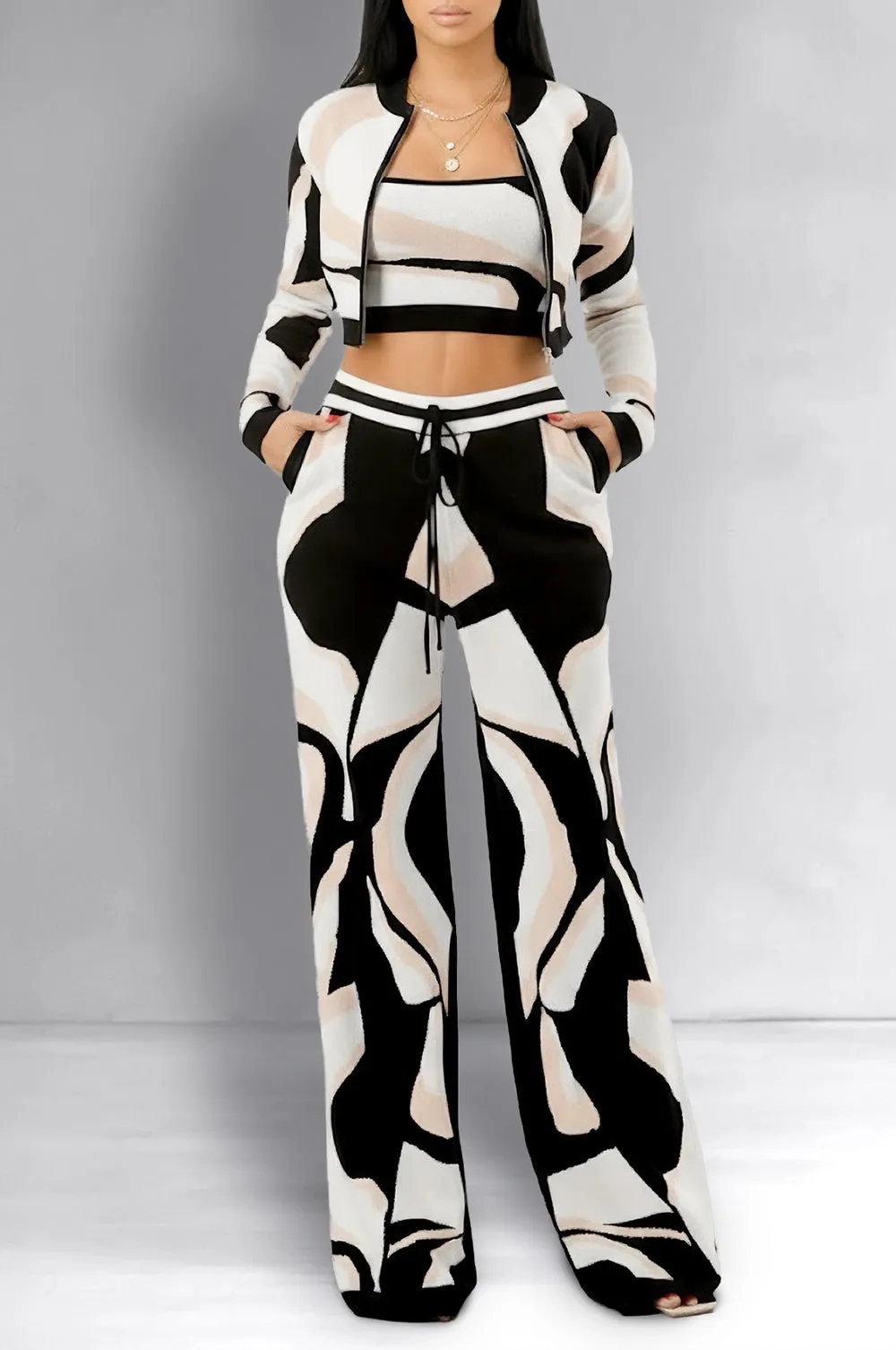 Black Multicolor Knit Abstract Long Sleeve Cropped Pants Three Piece Set sold by Hot Miami Styles