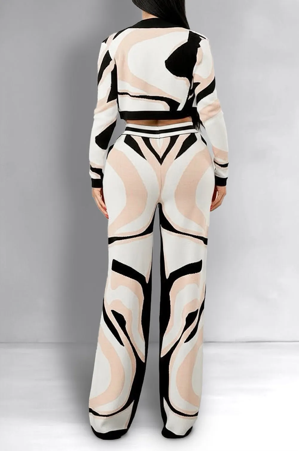 Black Multicolor Knit Abstract Long Sleeve Cropped Pants Three Piece Set sold by Hot Miami Styles product image thumbnail 2