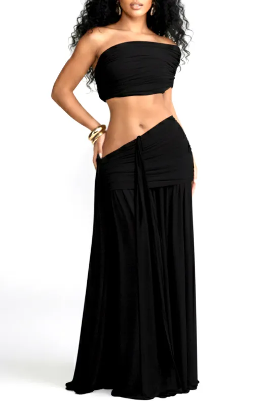 Black Off Shoulder Ruched Draped Skirt Two Piece Set made by Hot Miami Styles