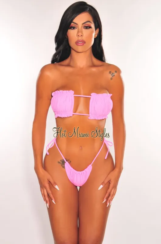 Hot Pink Ruched Bust Frill Padded Bandeau Bikini sold by Hot Miami Styles