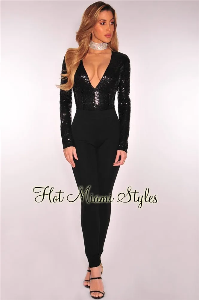 Black Sequins Long Sleeves Bodysuit sold by Hot Miami Styles product image thumbnail 3