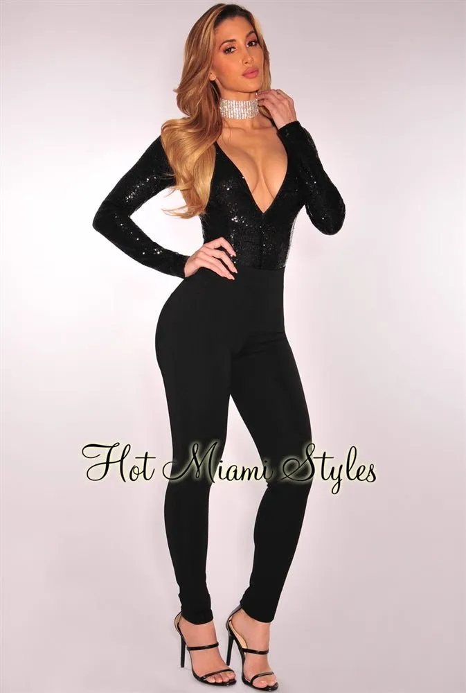 Black Sequins Long Sleeves Bodysuit sold by Hot Miami Styles product image thumbnail 4