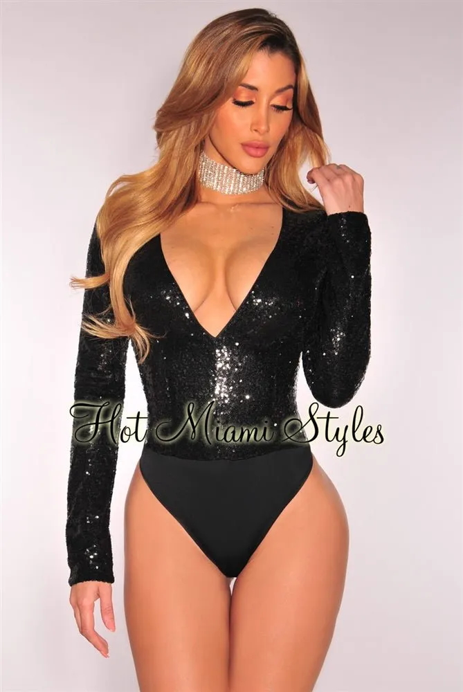 Black Sequins Long Sleeves Bodysuit sold by Hot Miami Styles