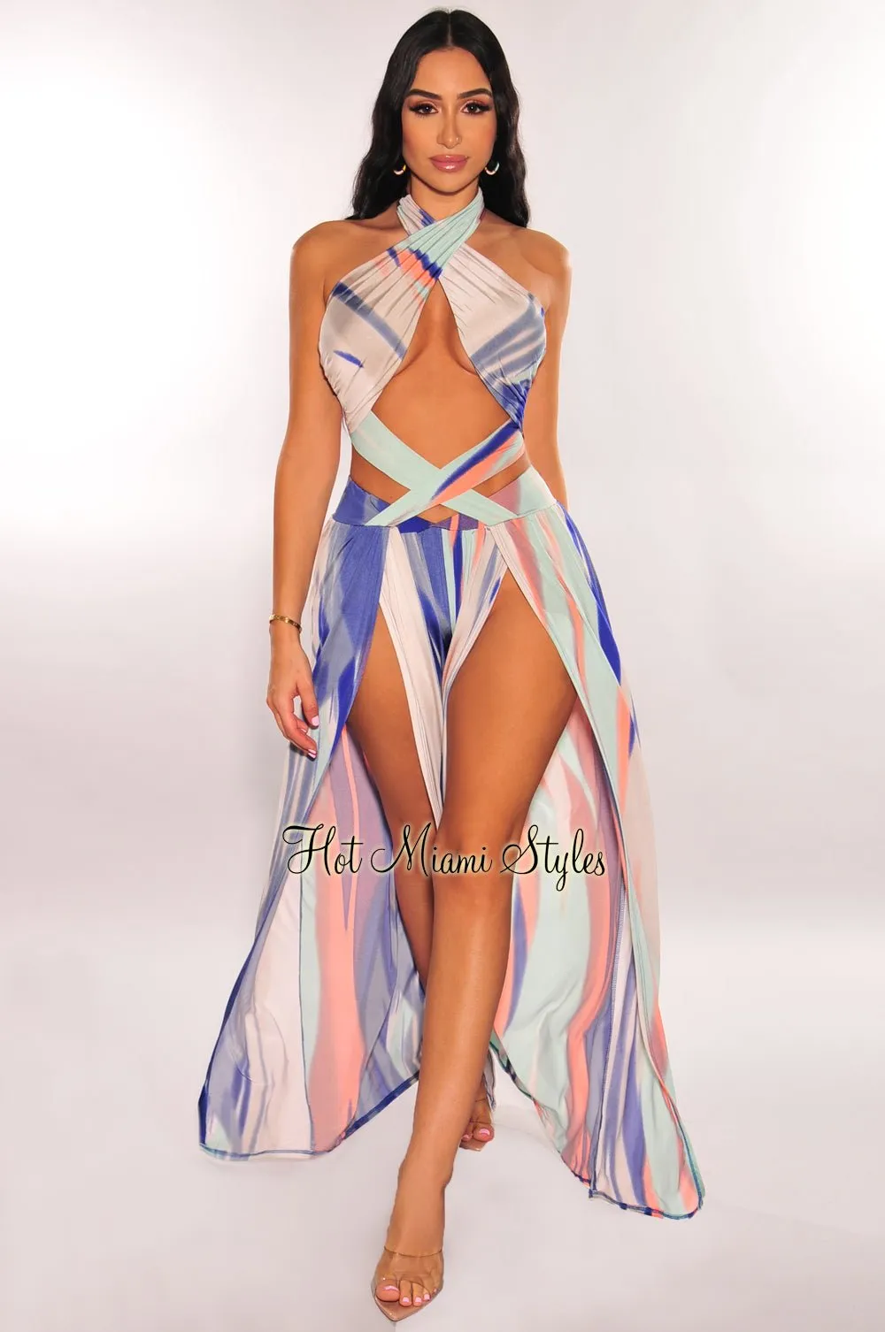 Blue Multicolor Abstract Print Criss Cross Wrap Halter Palazzo Jumpsuit sold by Hot Miami Styles