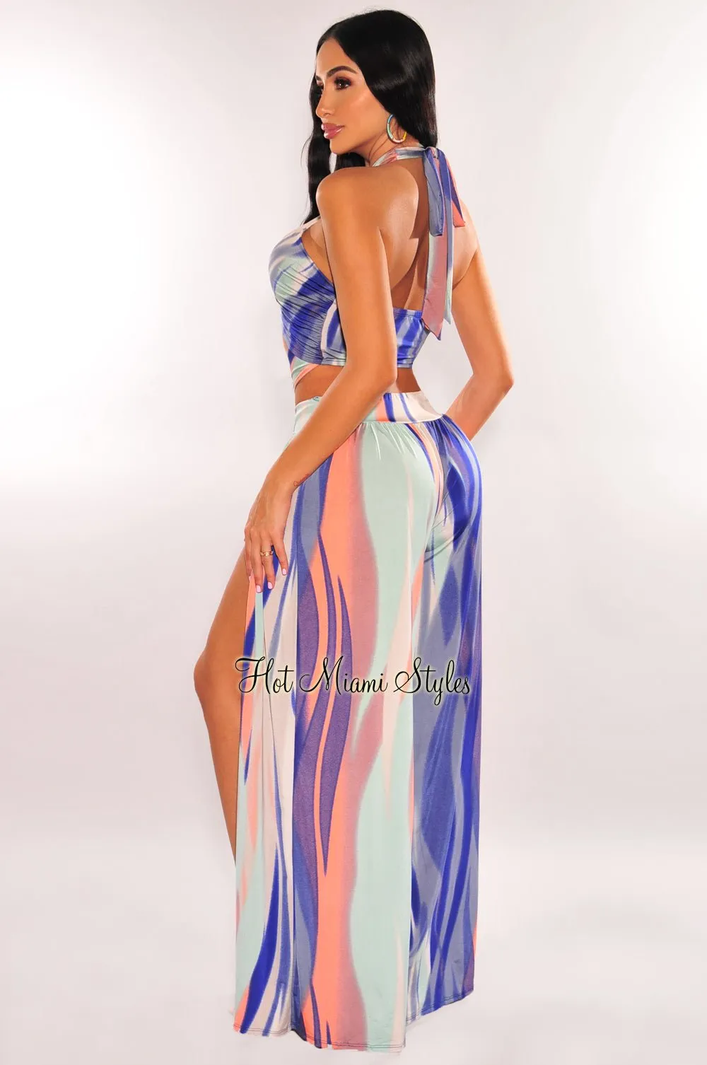 Blue Multicolor Abstract Print Criss Cross Wrap Halter Palazzo Jumpsuit sold by Hot Miami Styles product image thumbnail 2