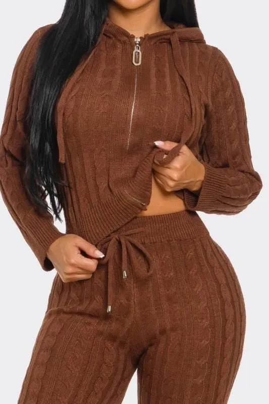 Chocolate Long Sleeve Cable Knit Hooded Leggings Two Piece Set sold by Hot Miami Styles product image thumbnail 3