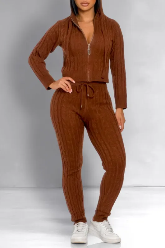Chocolate Long Sleeve Cable Knit Hooded Leggings Two Piece Set made by Hot Miami Styles