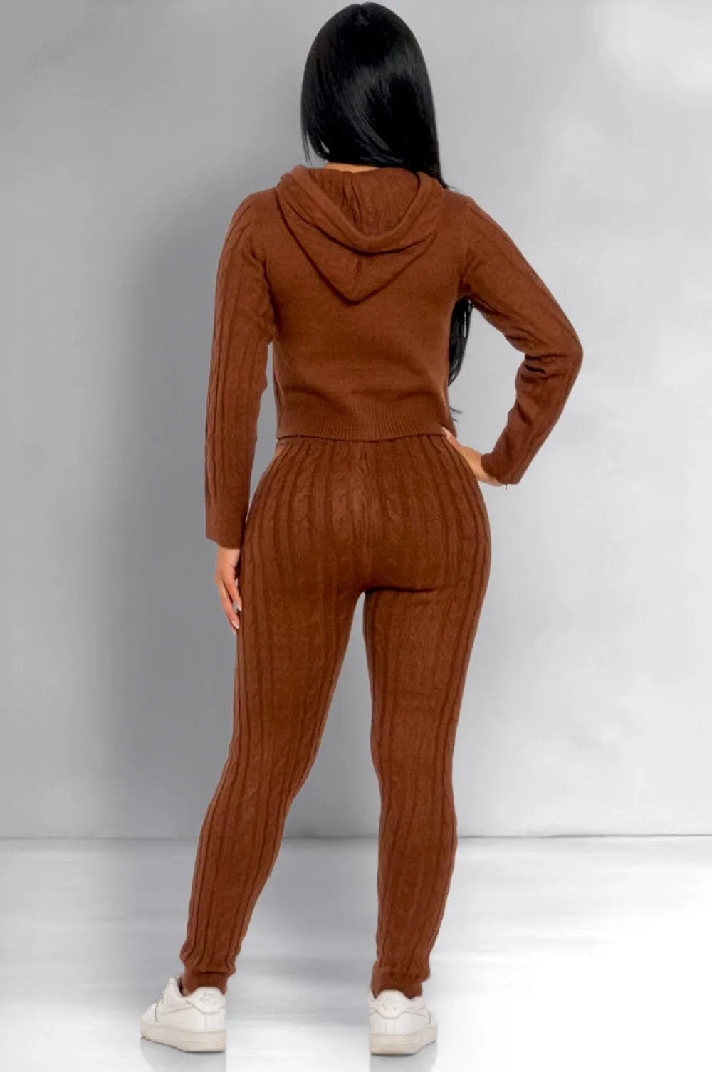 Chocolate Long Sleeve Cable Knit Hooded Leggings Two Piece Set sold by Hot Miami Styles product image thumbnail 2