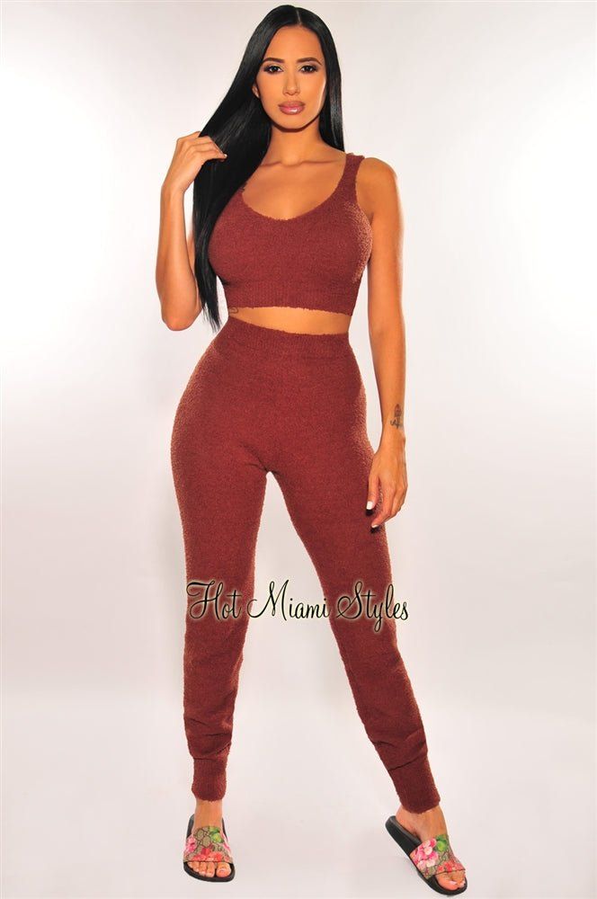 HMS Lounge: Chocolate Brown Fuzzy Tank High Waist Jogger Pants Two Piece Set sold by Hot Miami Styles