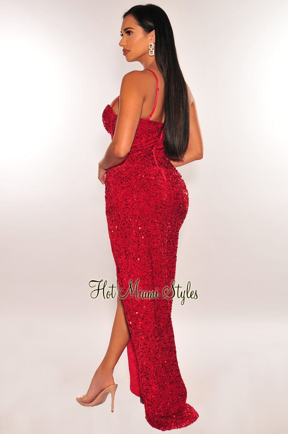Red Sequins Mesh Spaghetti Strap Padded Bustier Slit Gown sold by Hot Miami Styles product image thumbnail 2