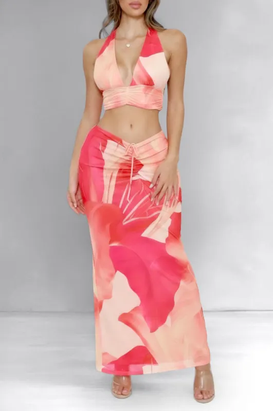 Pink Coral Print Halter Two Piece Skirt Set made by Hot Miami Styles